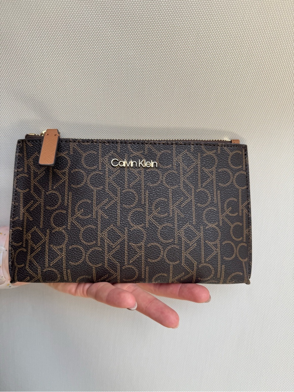 Calvin Klein Dark Brown Monogram Wristlet with Tan Trim